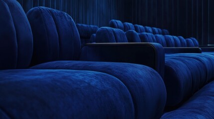 Obraz premium Luxurious blue velvet cinema seats in an empty theater setting
