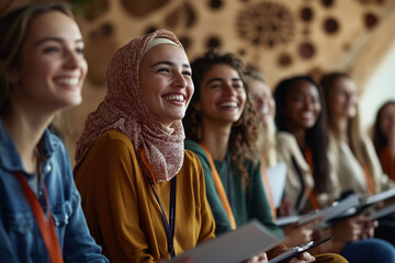A diverse group of women attending a conference with notebooks in hand. Concept of Women's Day, empowerment, women's role in culture, diversity, and equality.