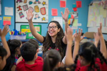 A young teacher engaging playfully and interactively with her students in class. Concept of participatory education, learning through play, inclusion, and diversity in teaching.
