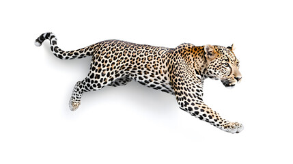 Leopard running at full speed isolated on white background