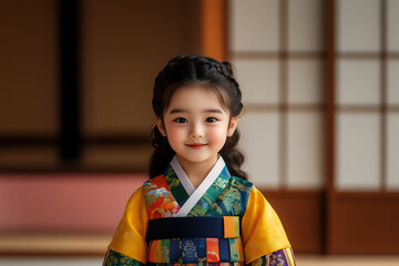 Fototapeta premium Smiling Korean Girl Child wearing colorful Hanbok, in a traditional room, for Traditional Korean Holidays, Chuseok, Seollal