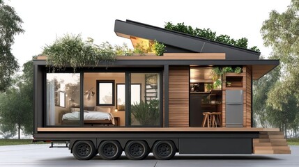 Tiny house layout with a focus on sustainability, integrating smart systems and energy-efficient designs
