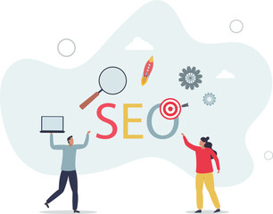 SEO service.Cartoon tiny people search marketing information, analyze algorithms and statistic data with magnifying glass .flat characters.