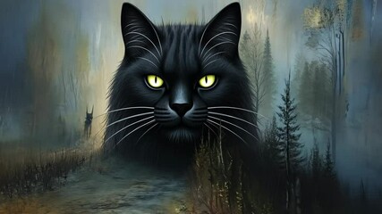 Mysterious black cat with intense yellow eyes overlooking a foggy forest path at dawn - Powered by Adobe