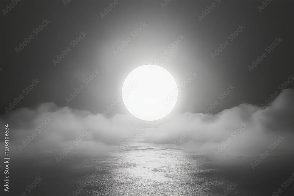 Poster a single glowing sphere hovering in a foggy, monochrome void