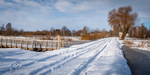Floodplain meadows by the Svete river in the city of Jelgava. Latvia.  Wooden walkways.