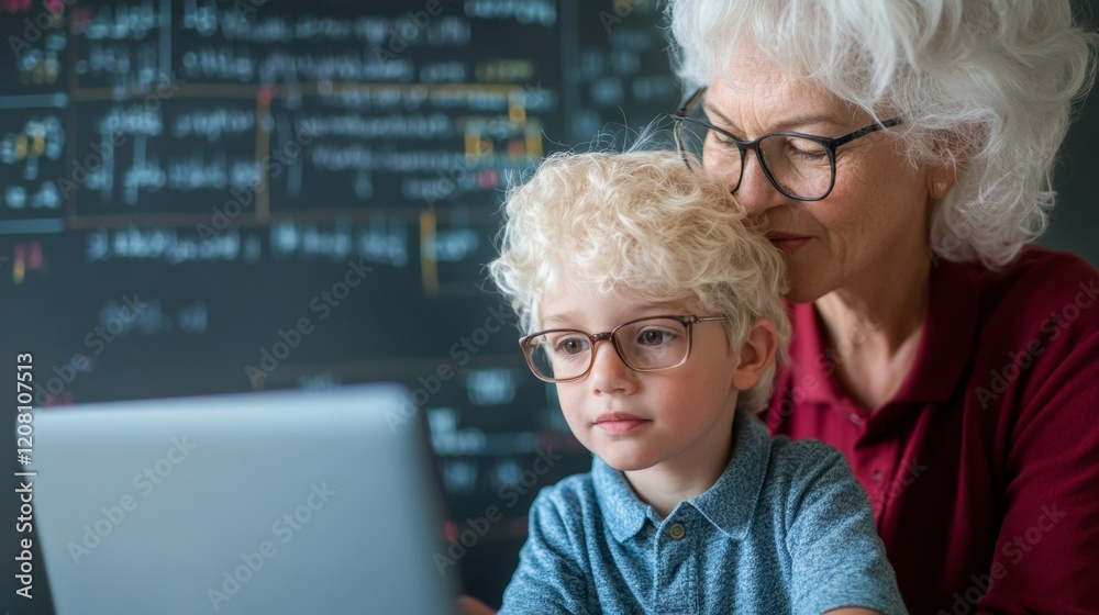 Aufkleber interactive stem education scene elderly mentor with child on laptop screen, inspiring coding skills