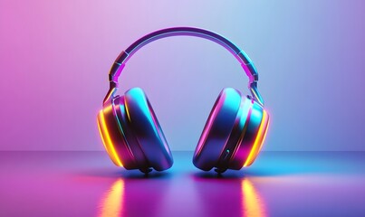 Neon-lit headphones studio, vibrant background, music
