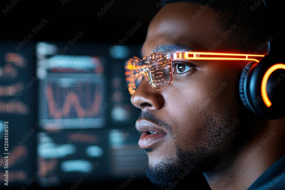 Poster futuristic cybersecurity control room black male it pro with led headset and monitors - crisis manag