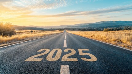 Road to 2025 with an empty road with written 2025 and arrow pointing towards the horizon to represent the future and positivity and success of the new year 2025