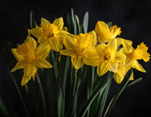 Obraz premium A bouquet of bright yellow daffodils against a black background. 