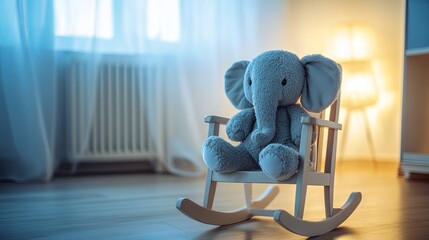 A plush elephant toy sitting on a rocking chair in a softly lit room