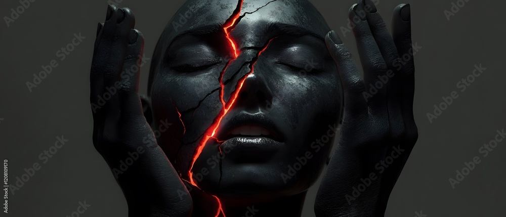 Poster a dramatic portrait of a surreal figure with cracked surface and glowing red lines reflecting emotio