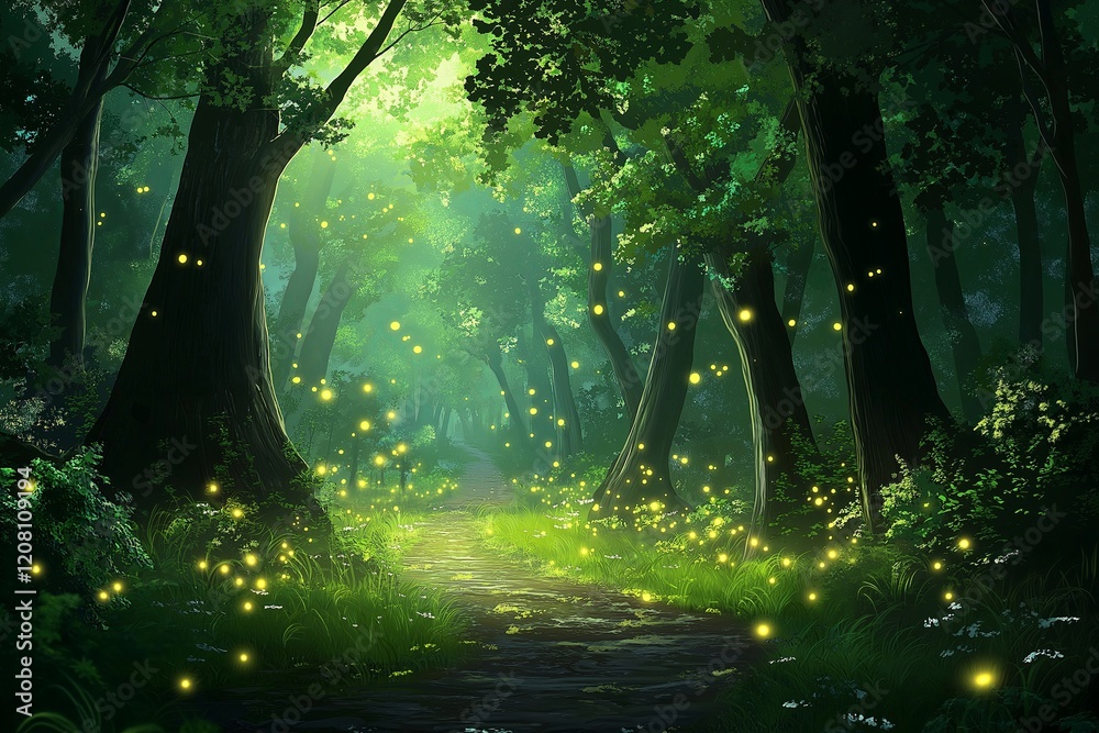 Poster a tranquil forest illuminated by the soft glow of fireflies at dusk.