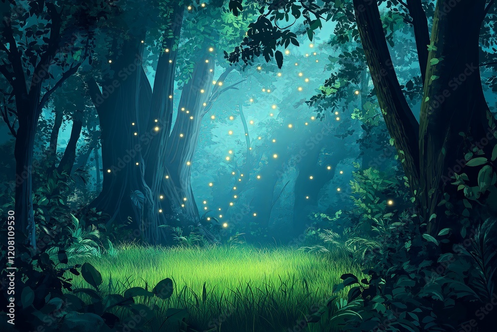 Poster a tranquil forest illuminated by the soft glow of fireflies at dusk.