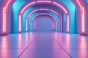 Obraz premium Futuristic Neon Corridor: A vibrant, digitally rendered image showcasing a modern, glowing hallway with pink and blue neon lights, creating a surreal and futuristic atmosphere.