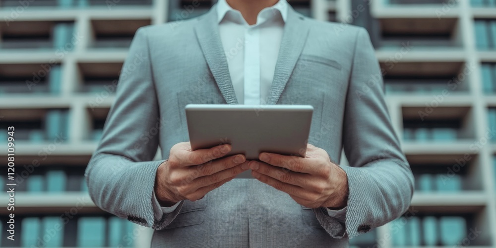 Poster modern architectural visualization male architect with digital tablet in sleek suit - urban planning