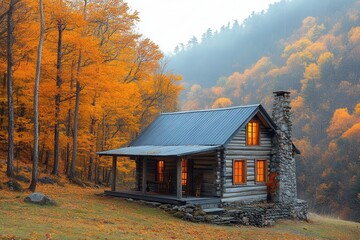 cabin nestled in a vibrant valley surrounded by golden foliage in autumn warm light filtering through trees creating a cozy retreat aura