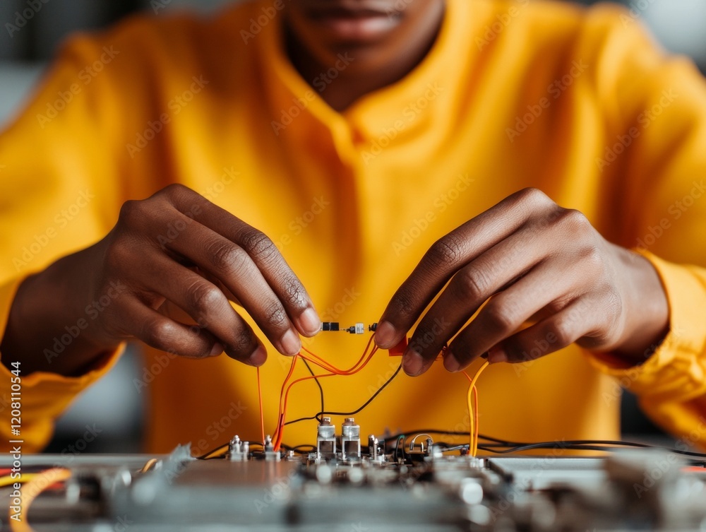Poster hands-on robotics assembly diverse youth engaged in stem education with circuit tools on industrial 