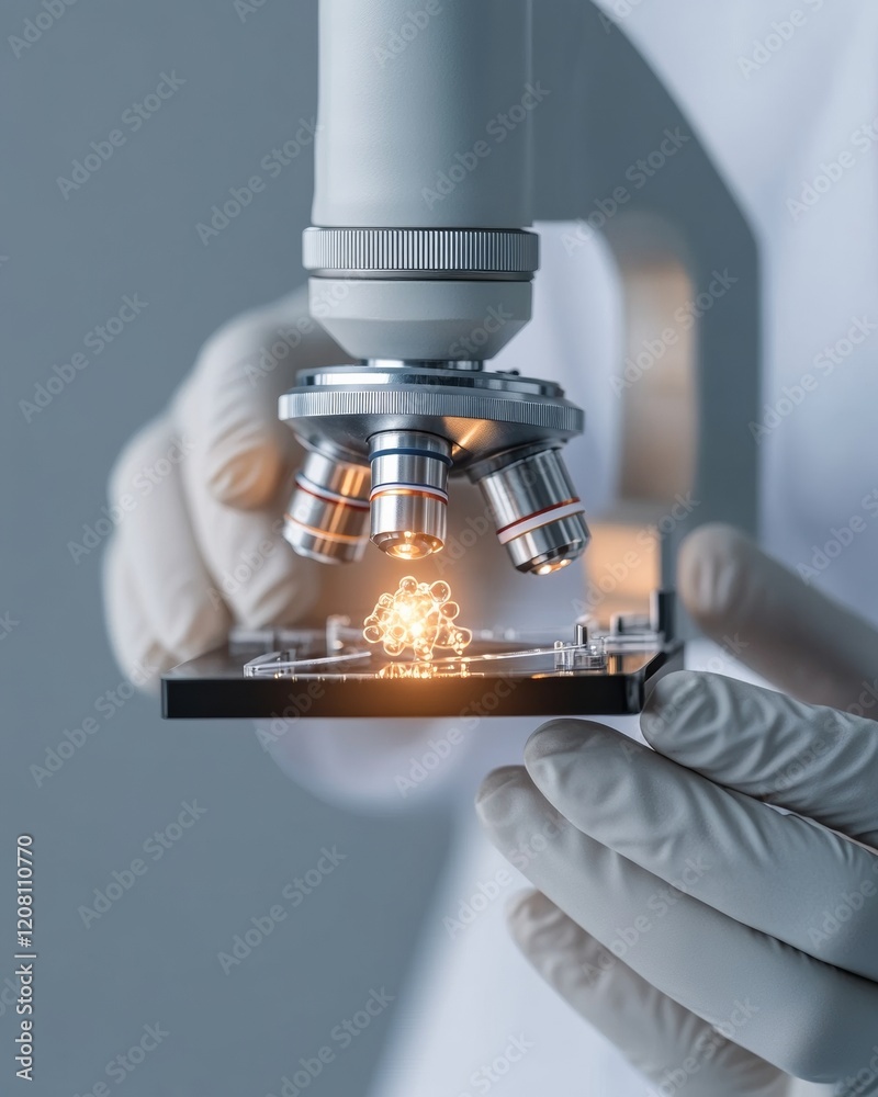 Poster futuristic genetic research gloved scientist using advanced microscope in sleek laboratory - cutting