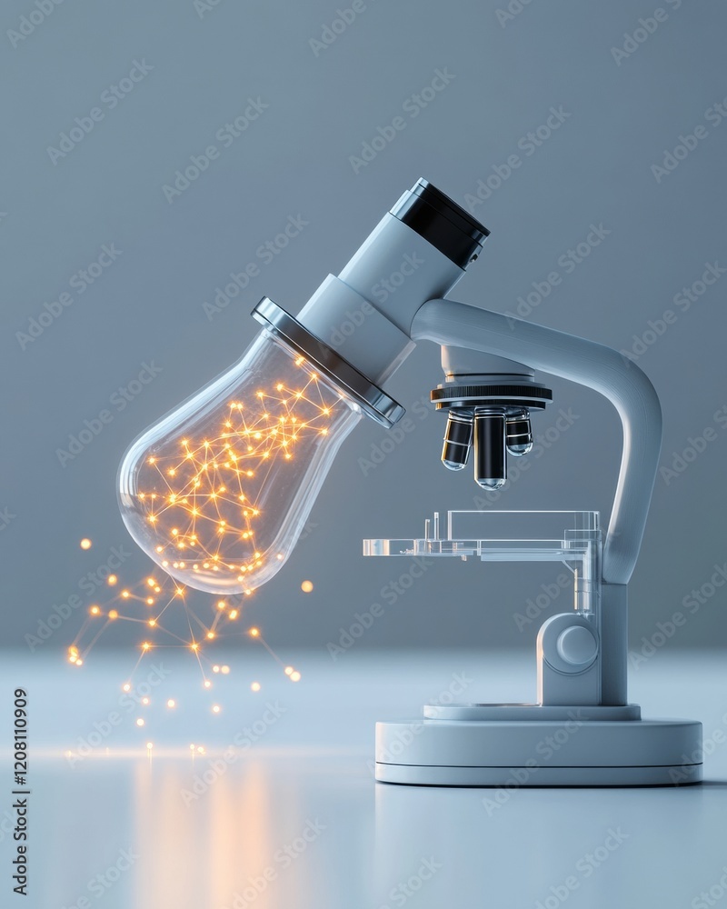 Aufkleber Futuristic Science Visualization Sleek Microscope with Digital Network Display - Cutting-Edge Biotech Visual Content for Genomics Marketing and Scientific Innovation
