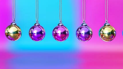 A row of five colorful Christmas ornaments hanging from a blue
