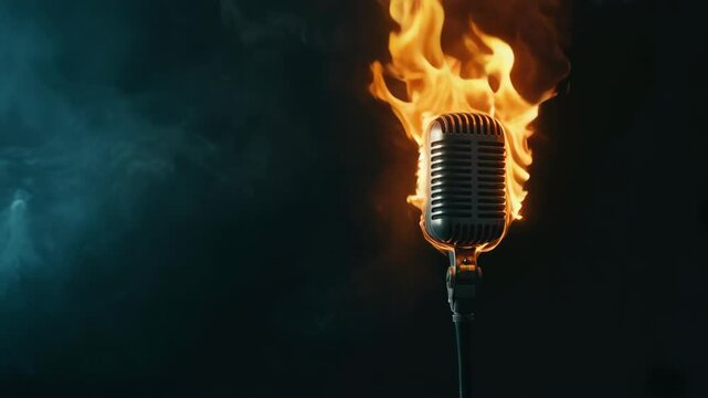 a vintage microphone on fire against a black background, representing the sound and heat of a comics podcast	