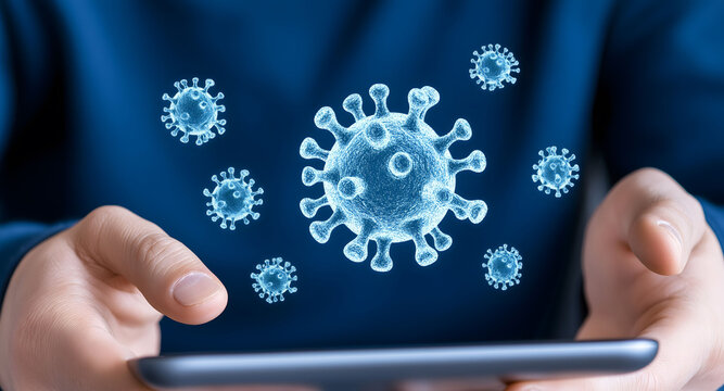 Digital representation of viruses floating above a smartphone, symbolizing health technology, online disease tracking, and the impact of digital tools in healthcare and pandemic awareness