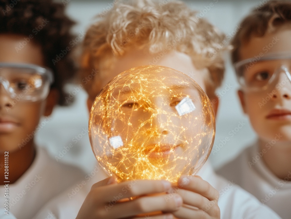 Aufkleber Innovative STEM Learning Diverse Students Engaged with Illuminated Globe - Modern Science Education and Interactive Classroom Tools for Dynamic Learning Environments