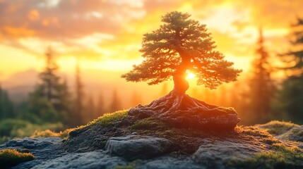 Fototapeta premium Solitary Tree Silhouette At Sunset Golden Hour