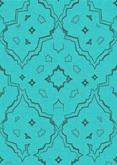 Fototapeta premium Intricate geometric pattern, Moroccan tile design, turquoise background, black line work, symmetrical motif, ornate arabesque style, repeating diamond shapes, intricate filigree details, vibrant aqua 