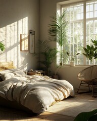 Sunlight Streaming: A cozy and minimalist bedroom basks in the warm glow of morning sunlight, featuring a plush bed with natural linen bedding,  houseplants, a rattan rocking chair.