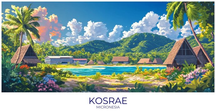 Kosrae Micronesia Travel Poster Flat Illustration Print Decor Gift Canvas Wall Art