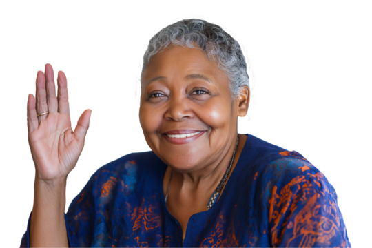 Senior African-American woman smiling and waving hello, isolated on white transparent background