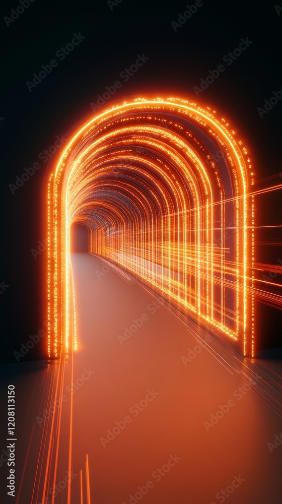 Poster neon tech tunnel glowing abstract arches in futuristic corridor - immersive branding for cutting-edg