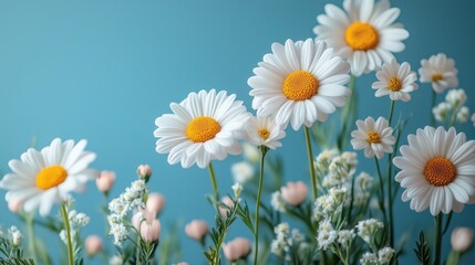 Fototapeta premium Bouquet of daisies and small white flowers with pink buds blooming on a turquoise background, perfect for spring and summer themes