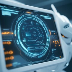 Futuristic Control Interface Sleek Blue and White Domestic Robot Panel - Smart Home Optimization and Tech Integration for Modern Living Spaces