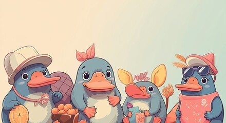 Obraz premium Four playful platypuses dressed in colorful summer outfits