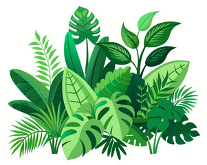Lush green tropical plants bush, cut out on white background. 