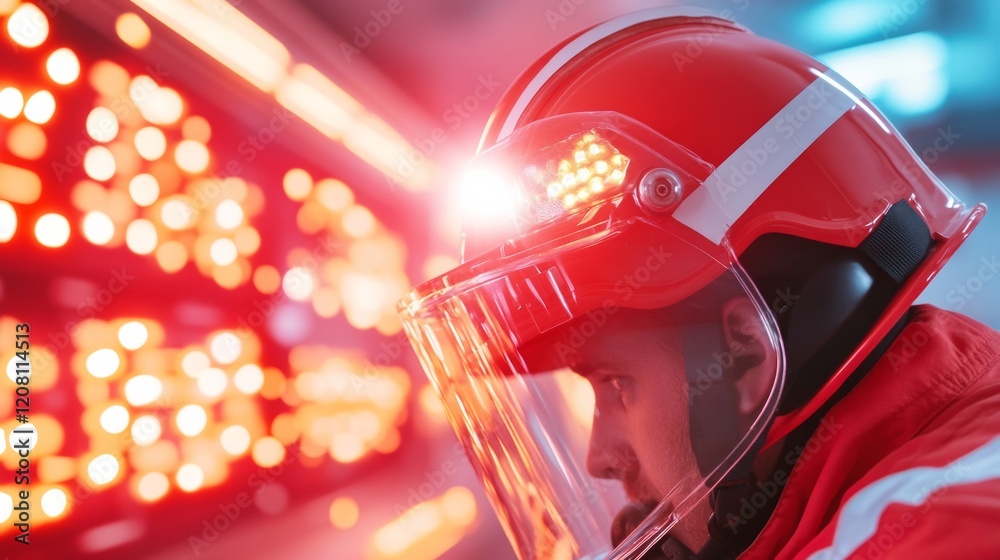 Poster technological safety gear advanced firefighter helmet with integrated digital display - modern crisi