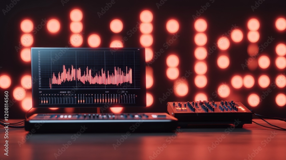 Aufkleber sleek home studio aesthetic rgb-enhanced mixing console with vibrant sound wave display for cutting-