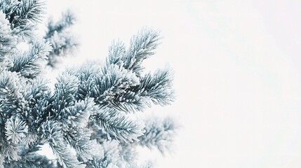 Isolated Fir Tree Branch with Frosty Needles on White Background