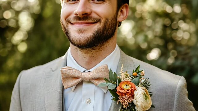 Happy groom with bowtie and little bouquet pinned to the lapel of the jacket