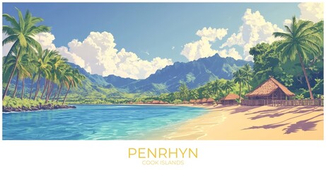 Penrhyn Cook islands Travel Poster Flat Illustration Print Decor Gift Canvas Wall Art