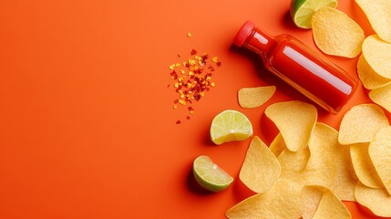 Vibrant Flat-Lay of Spicy Tangy Chips with Hot Sauce and Lime for Dynamic Snack Branding in Modern Digital Marketing and Food