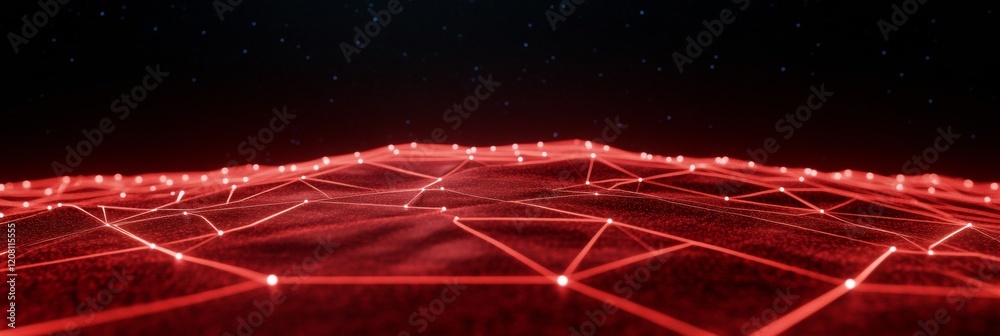 Poster Futuristic Digital Network Neon Red Interconnected Nodes on Dark Terrain - Tech Visualization for Business Innovation and Digital Branding