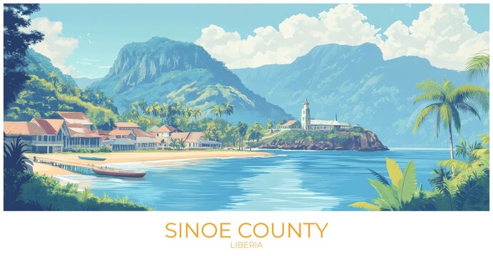 Sinoe county Liberia Travel Poster Flat Illustration Print Decor Gift Canvas Wall Art