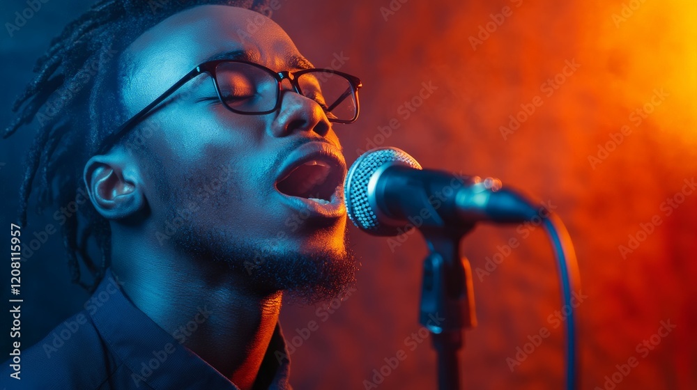 Poster young man with glasses and dreadlocks emotionally singing into a microphone during a concert under c
