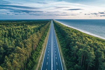 Obraz premium The birds eye view straight from top on a highway, no cars, sea on the bottom of photo and forest on the top, beautiful baltic nature