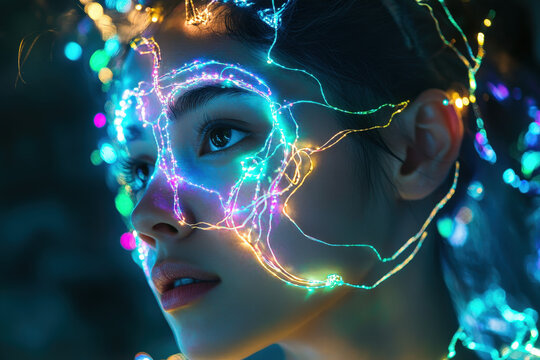 Eine Person, die digitale Gedanken und k&uuml;nstliche Intelligenz mit menschlicher Intuition vereint, in einem futuristischen Szenario mit modernen, leuchtenden Elementen